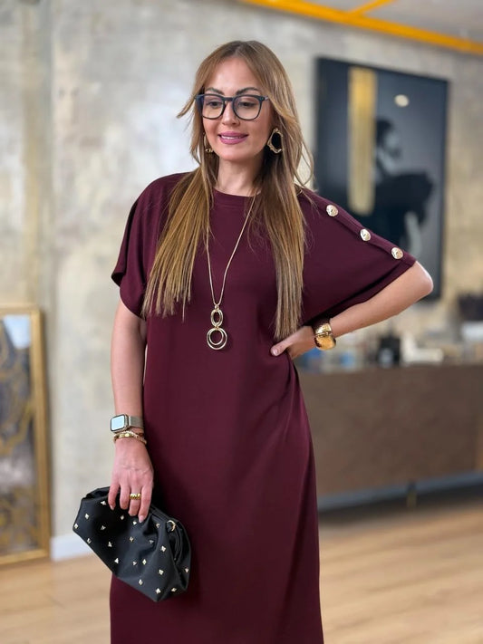 👗Gold Düğmeli Yarasa Kol Zara Krep Elbise ✨