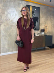 👗Gold Düğmeli Yarasa Kol Zara Krep Elbise ✨