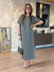 👗Gold Düğmeli Yarasa Kol Zara Krep Elbise ✨