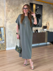 👗Gold Düğmeli Yarasa Kol Zara Krep Elbise ✨