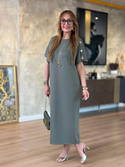 👗Gold Düğmeli Yarasa Kol Zara Krep Elbise ✨