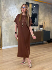 👗Gold Düğmeli Yarasa Kol Zara Krep Elbise ✨