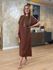 👗Gold Düğmeli Yarasa Kol Zara Krep Elbise ✨