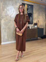 👗Gold Düğmeli Yarasa Kol Zara Krep Elbise ✨