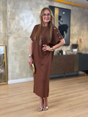👗Gold Düğmeli Yarasa Kol Zara Krep Elbise ✨
