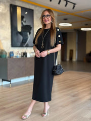 👗Gold Düğmeli Yarasa Kol Zara Krep Elbise ✨
