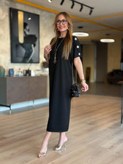 👗Gold Düğmeli Yarasa Kol Zara Krep Elbise ✨