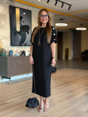 👗Gold Düğmeli Yarasa Kol Zara Krep Elbise ✨