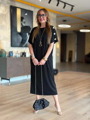👗Gold Düğmeli Yarasa Kol Zara Krep Elbise ✨