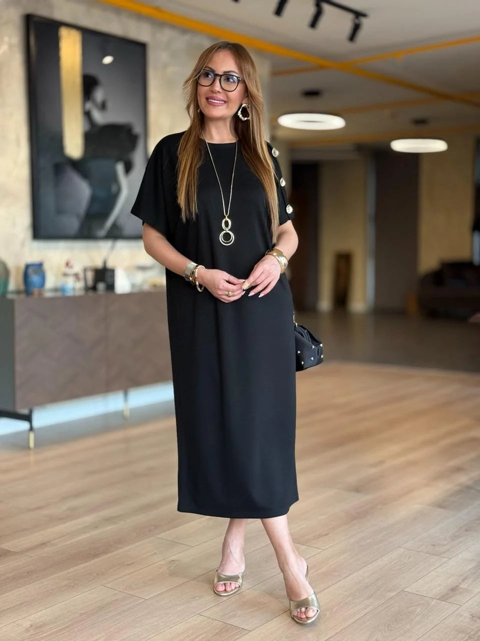 👗Gold Düğmeli Yarasa Kol Zara Krep Elbise ✨